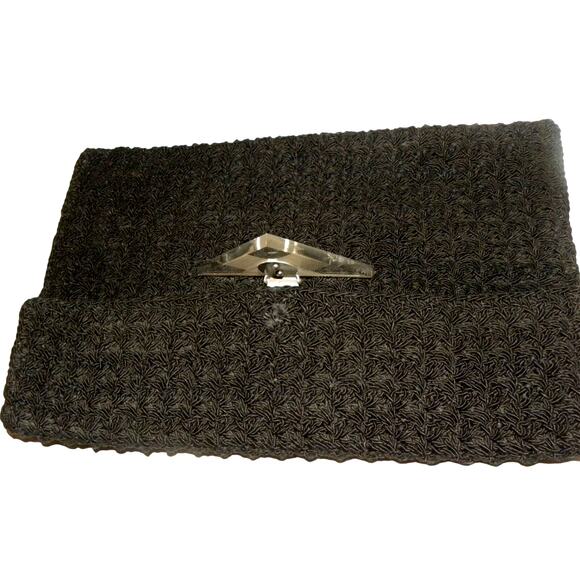 40's Large Black Cordé Envelope Clutch Bag w Lucite Decorative Clasp - Picture 8 of 10